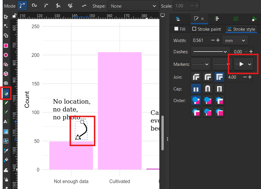 Screenshot of Pen Tool active on a curve. The Stroke style settings show an arrow head used as the end marker.