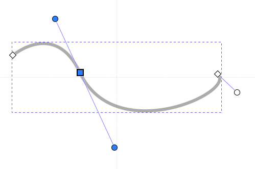 A node is highlighted in blue, joining to curved segments, and revealing two curvature control points.