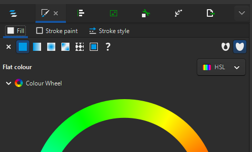 Screenshot of user interface with Fill and Stroke tab highlighted, and showing a colour wheel.