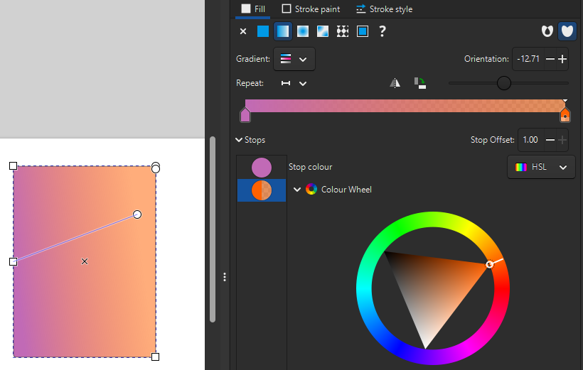 Screenshot of user interface showing two colour stops in the side panel, and a slanted blue line over the coloured shape.