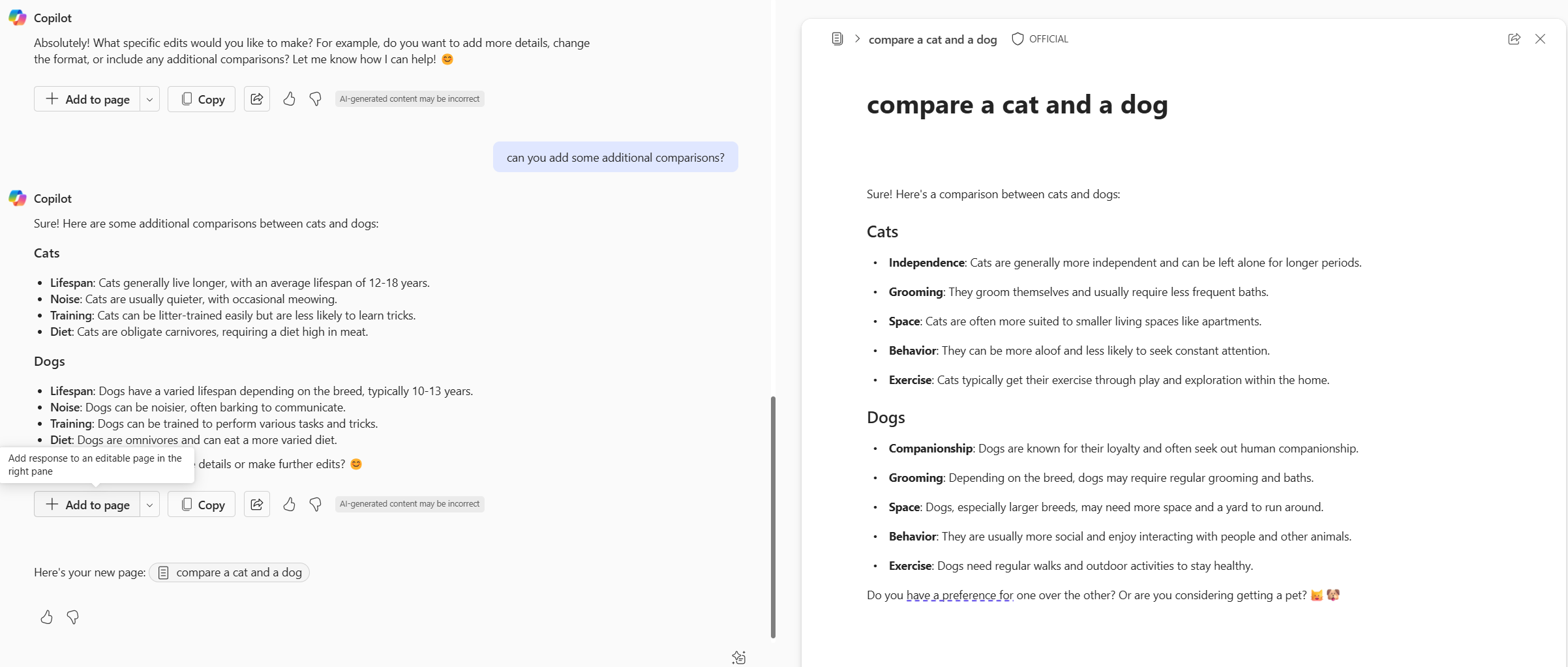 Screenshot of Copilot with Loop side pane, "Add to page" button underneath to add more responses.