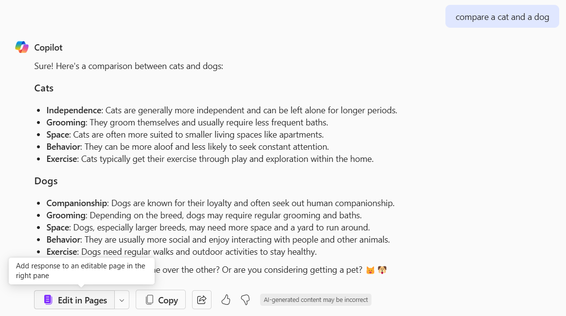 Screenshot of Copilot chat with "Edit in Pages" button underneath
