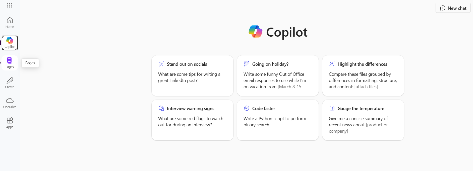 Screenshot of Copilot app with "Pages" icon highlighted in the toolbar.