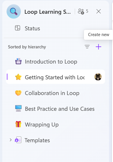 Screenshot of Loop's sidebar, with "+" button to add a new page