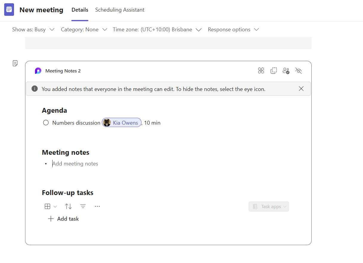Screenshot of Loop component as agenda inside meeting