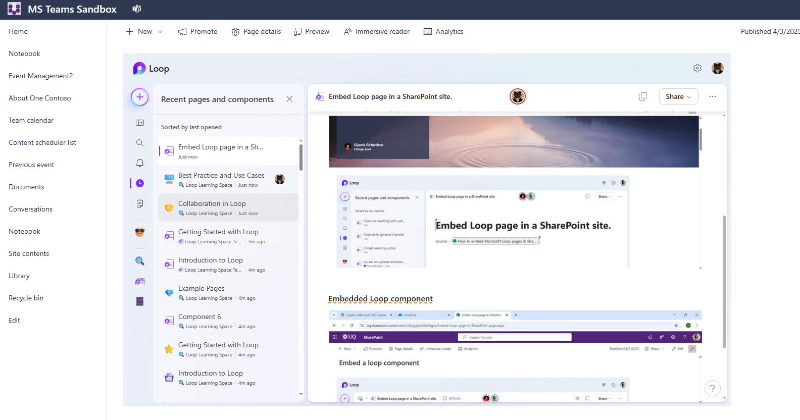 Screenshot of Loop embedded in SharePoint