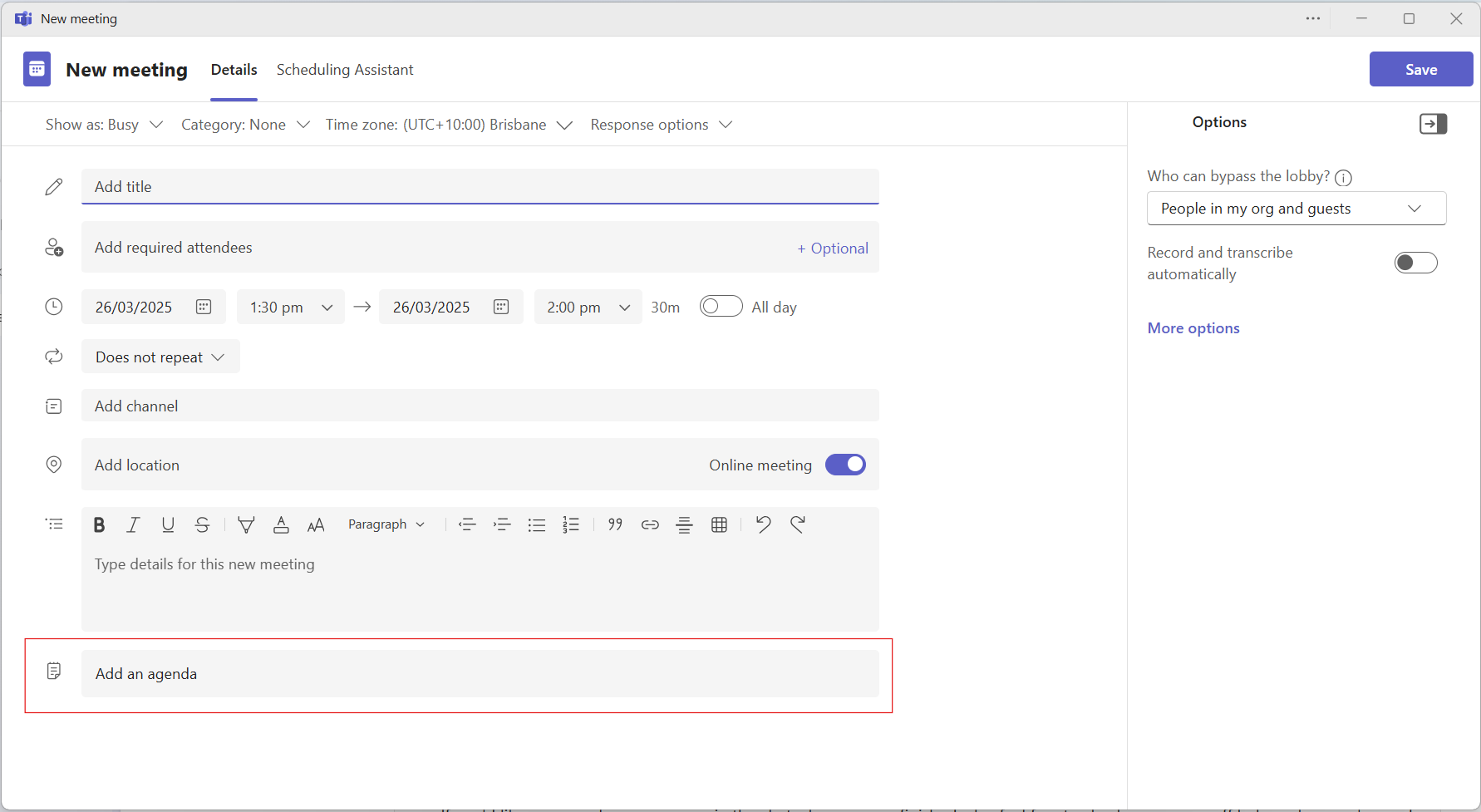 Screenshot of meeting options with "Add an agenda" field